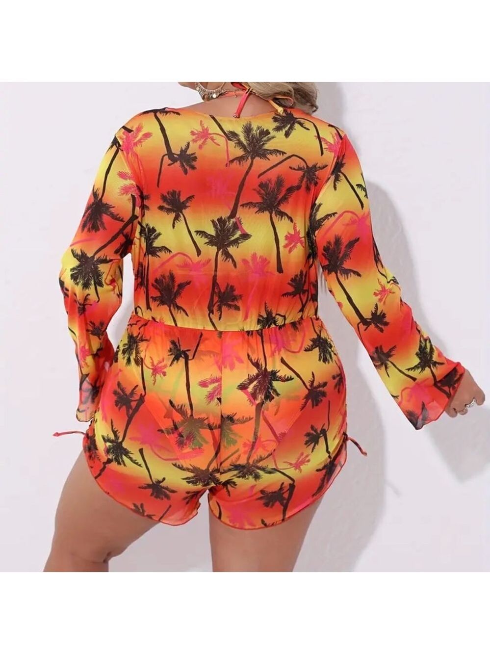 3pc Plus Size Tropical Print Halter Triangle Bikini Set with Cover Up - Picture 6 of 14
